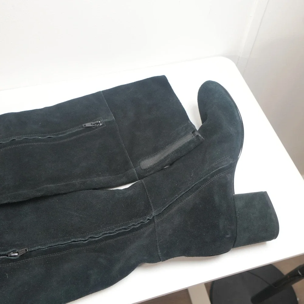 Clarks Over The Knee Boots Womens 9 Black Suede Block Heel Tall Fold Over Cuff